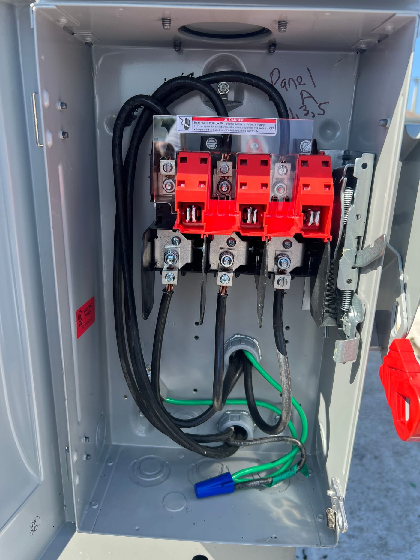 Three-phase fused disconnect switch installed by Lightning Bay Electric at an industrial facility in Tampa, FL