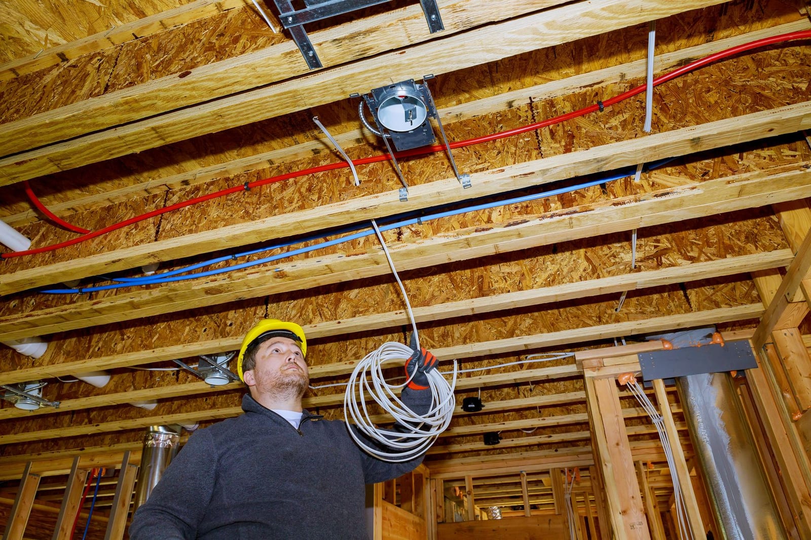 Electrician securing wires in a junction box during an electrical installation, new-construction and remodel wiring by Lightning Bay Electric in Valrico, FL