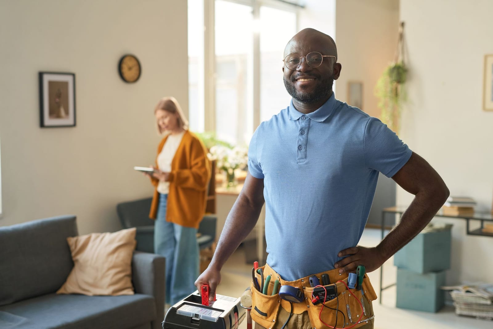 Smiling electrician wearing a tool belt, the friendly, professional service Lightning Bay Electric customers describe in their Google reviews, Tampa, FL