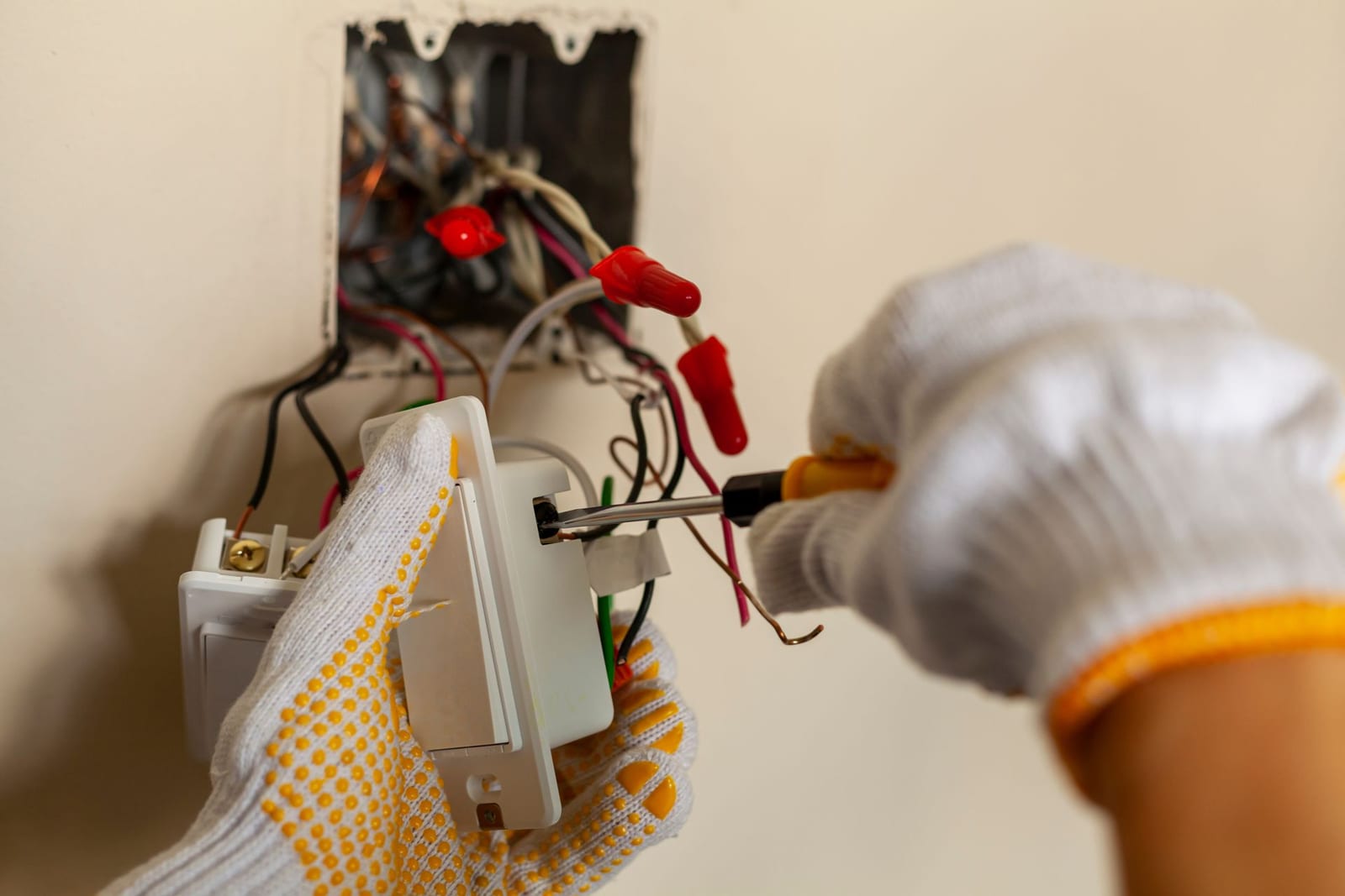 Gloved electrician installing a new light switch in a wall box, switch and dimmer replacement by Lightning Bay Electric in Riverview, FL